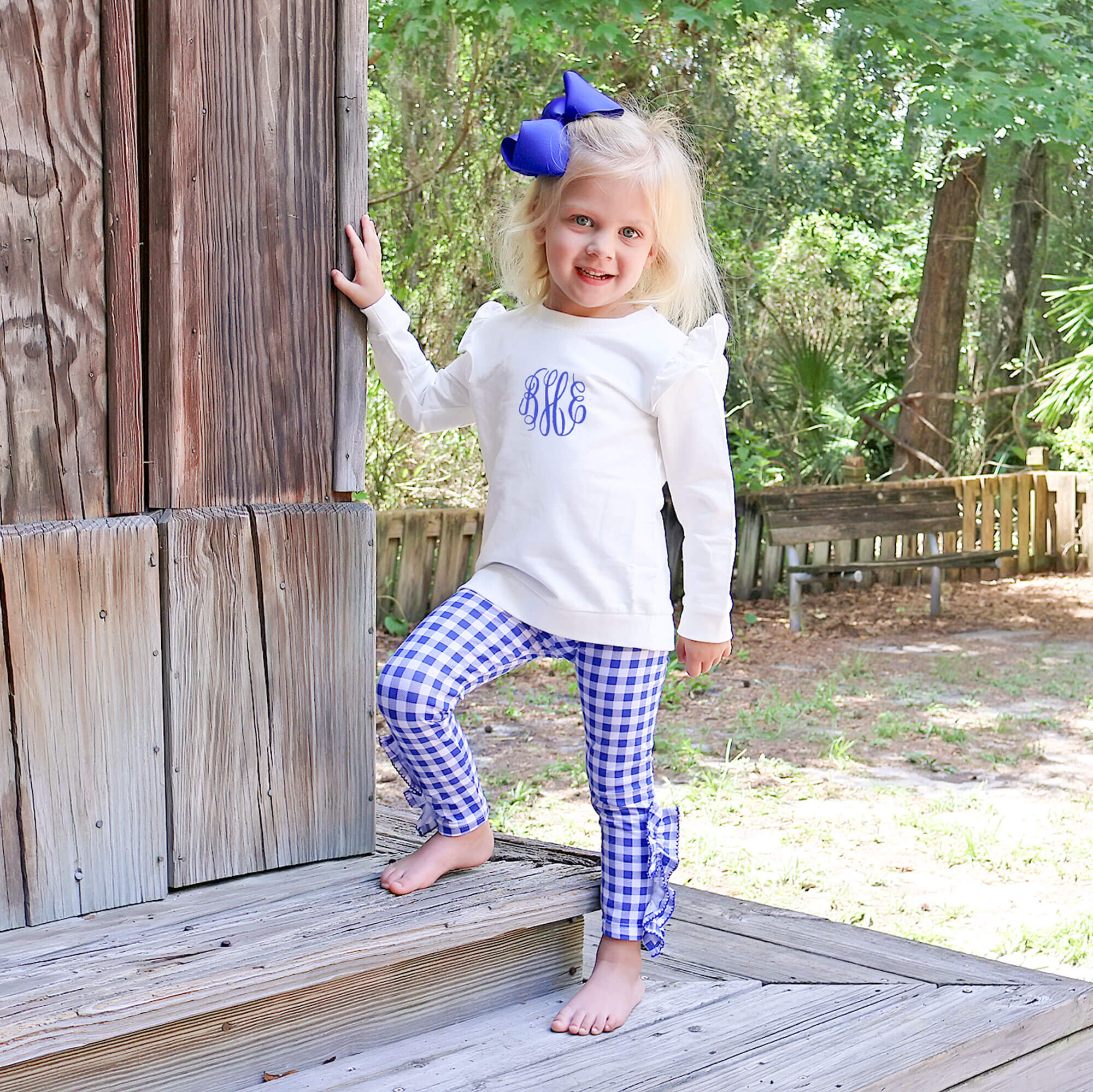 Royal Blue Gingham Side Ruffle Leggings - Image 3