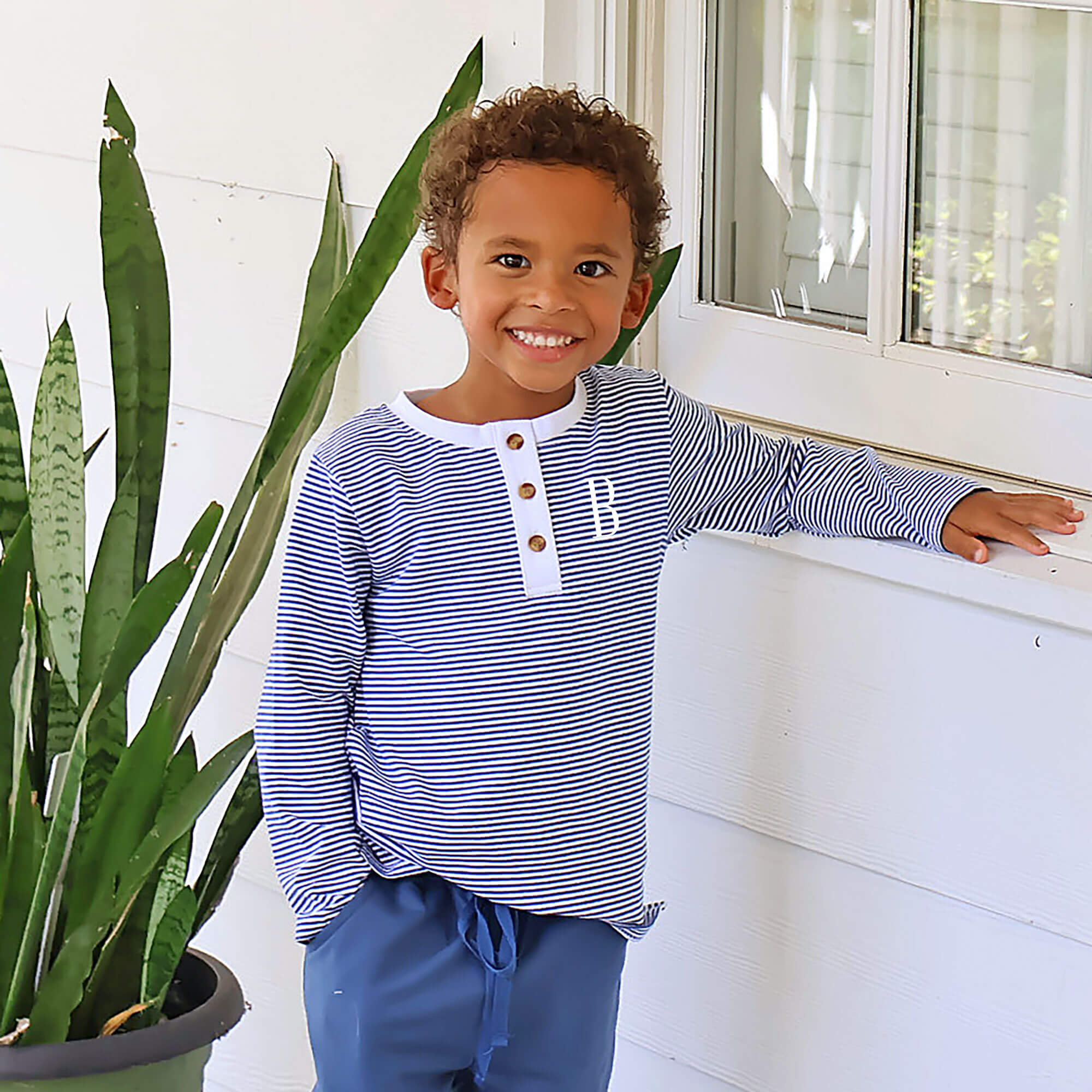 Blue & White Stripe Stripe Long Sleeve Henley Shirt