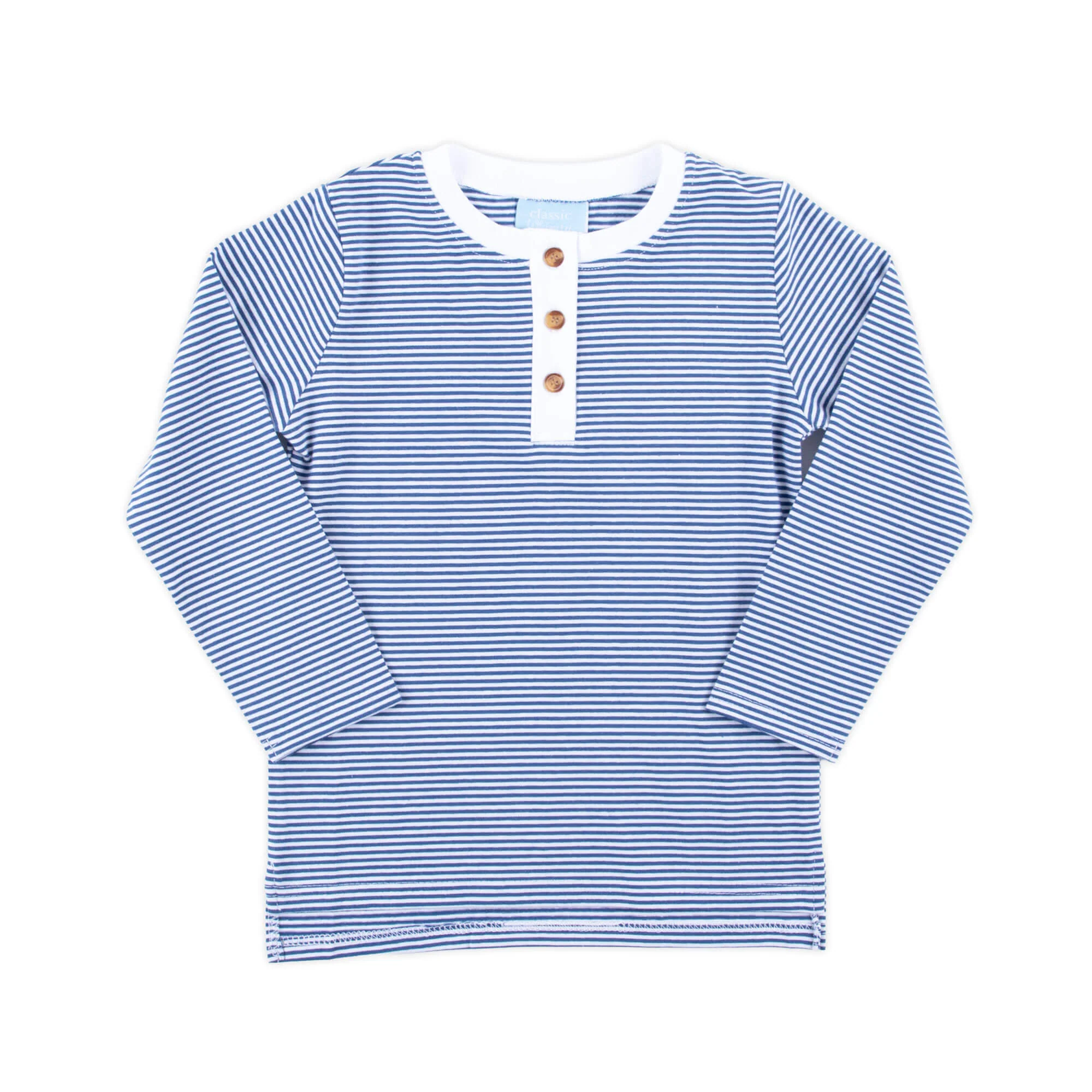 Blue & White Stripe Stripe Long Sleeve Henley Shirt - Image 2