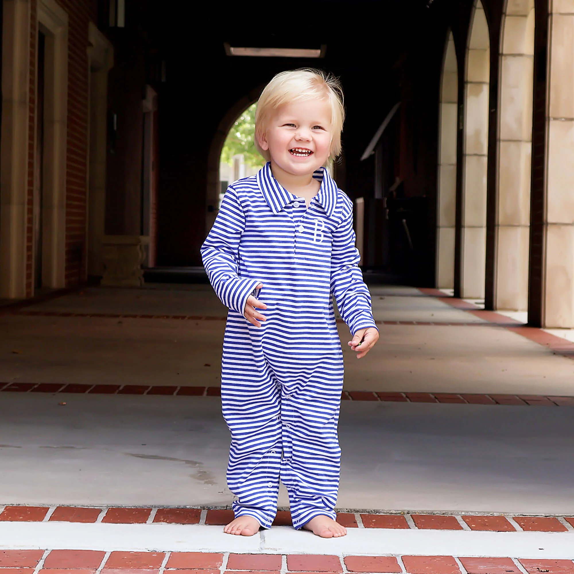 Royal Blue Stripe Long Sleeve Polo Romper
