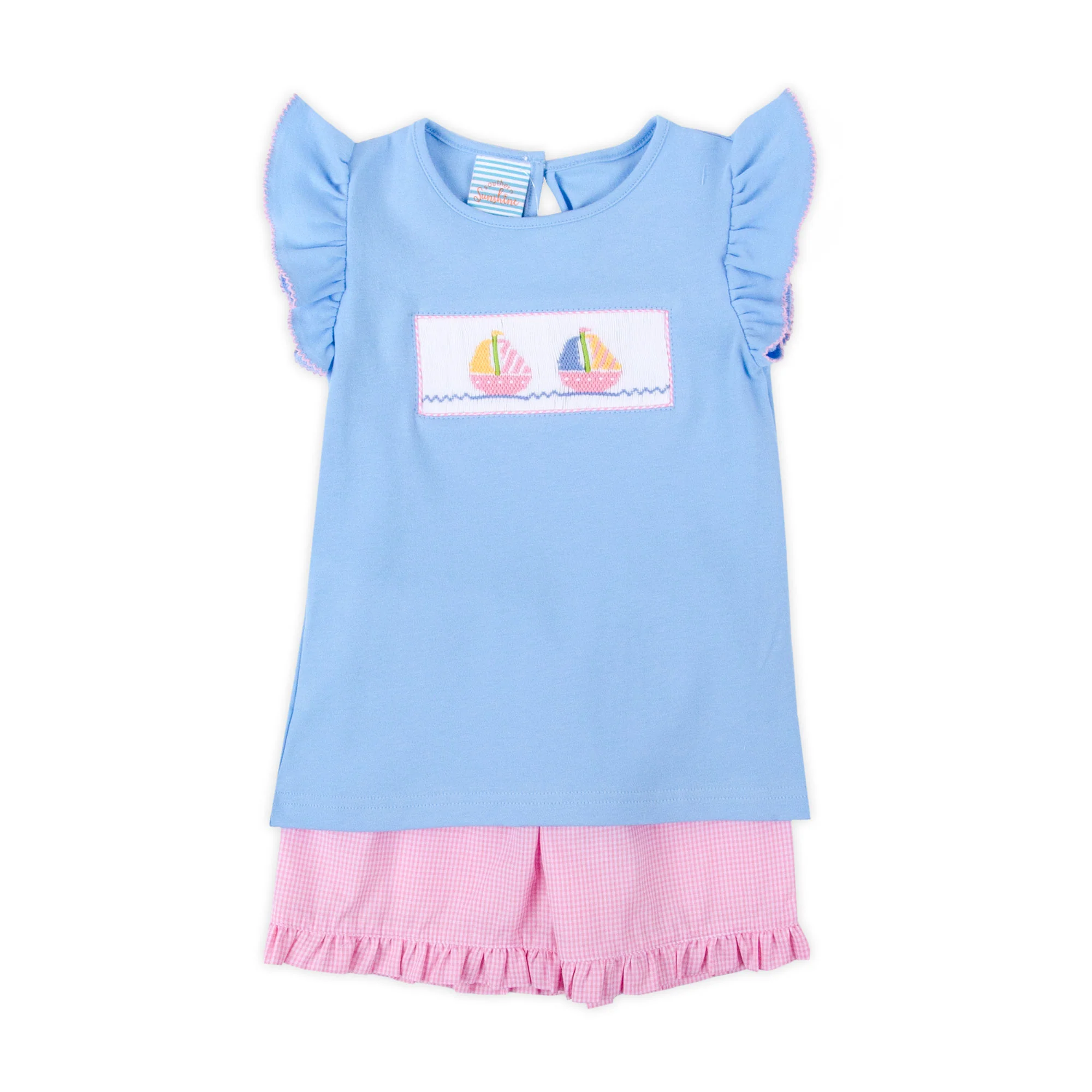 Sailboat Bliss Smocked Pink Gingham Angel Sleeve Short Set