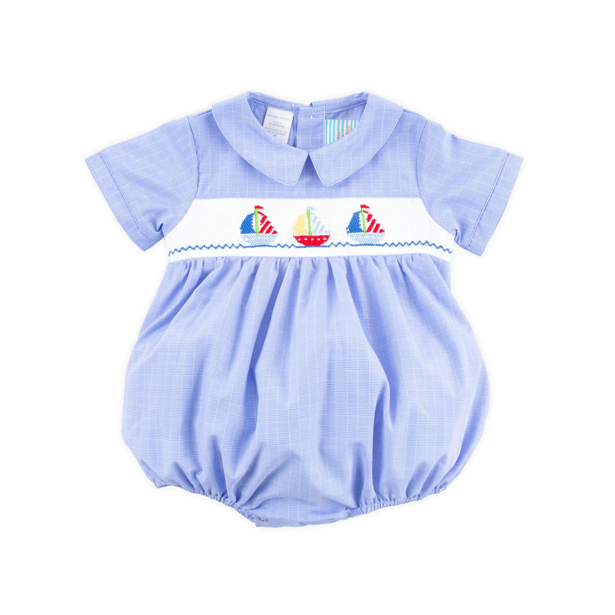 Sailing Away Blue Plaid Smocked Collared Bubble - Image 2