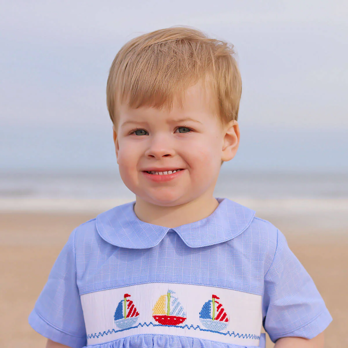 Sailing Away Blue Plaid Smocked Collared Bubble - Image 3