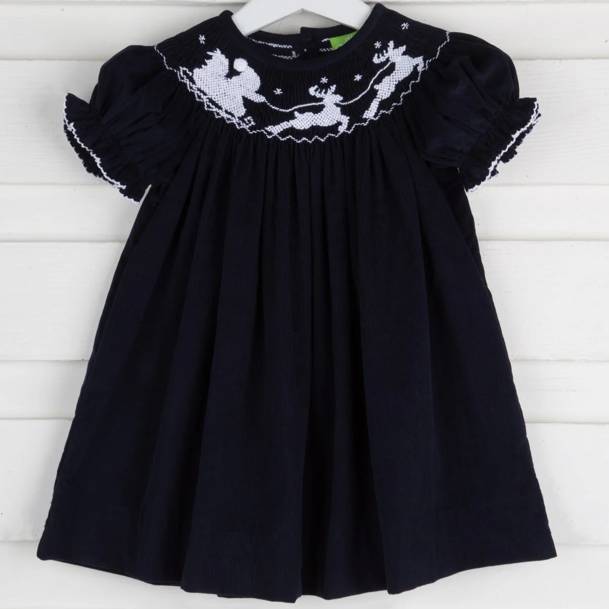 Santa Sleigh Smocked Bishop Navy Corduroy