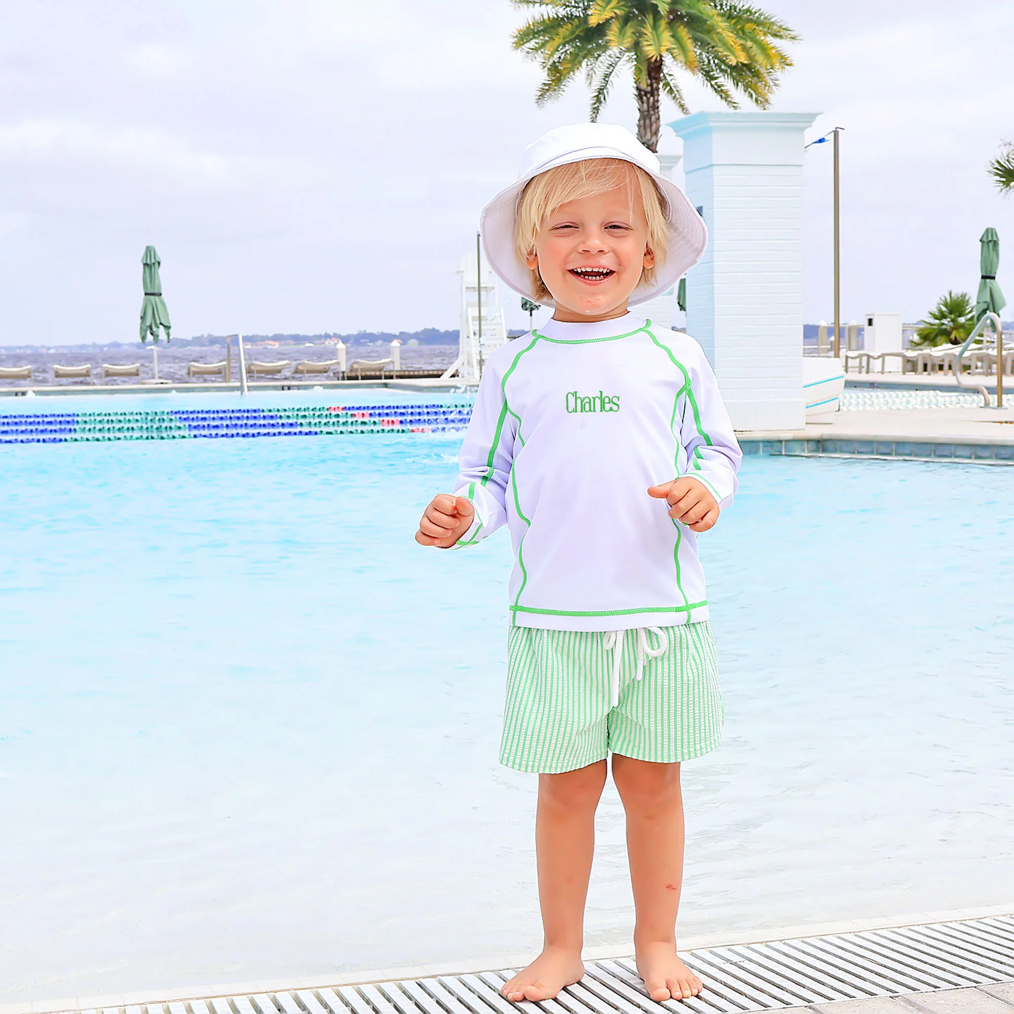 Santorini White With Green Trim Rash Guard - Image 3