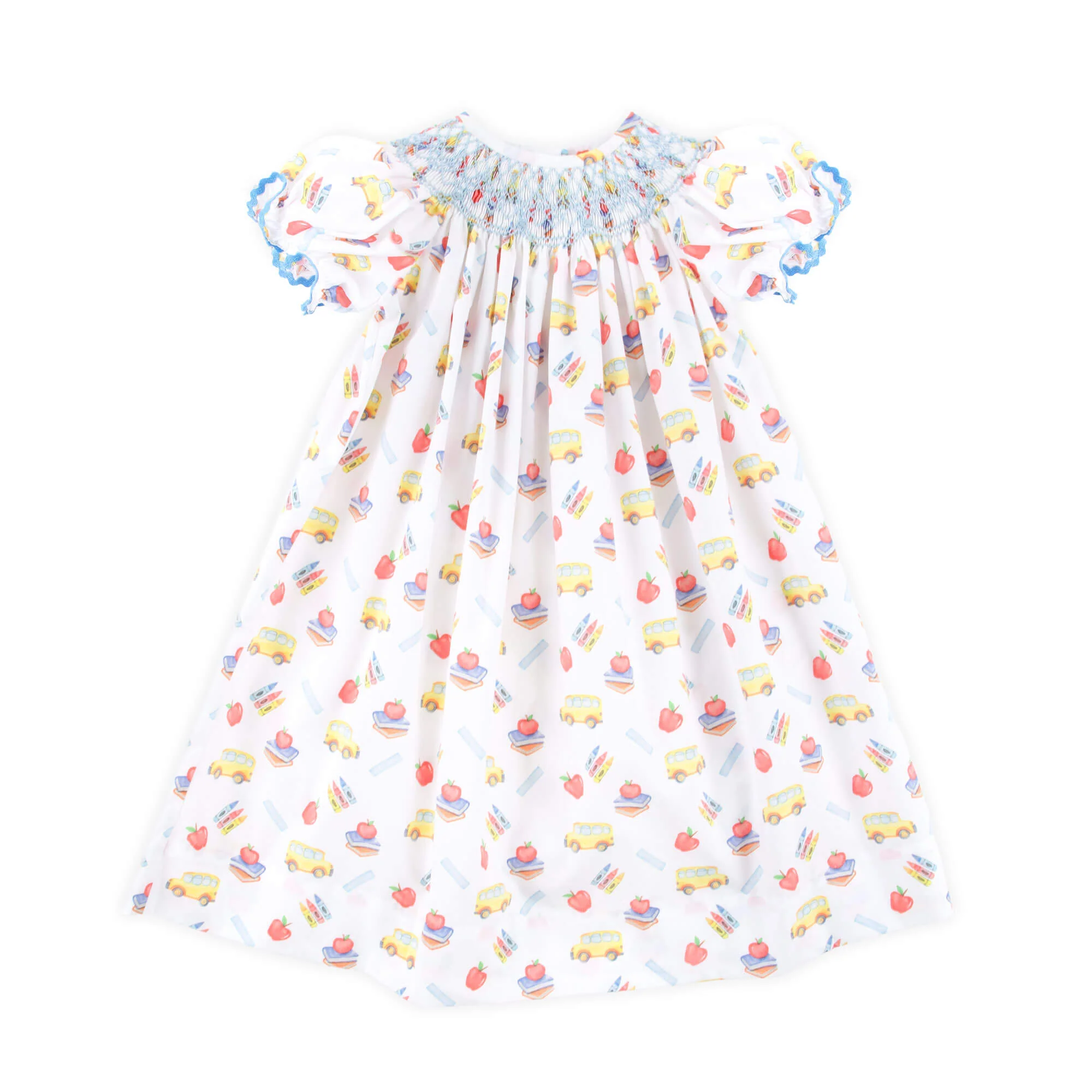 School Bus Print Smocked White Bishop Dress - Image 2