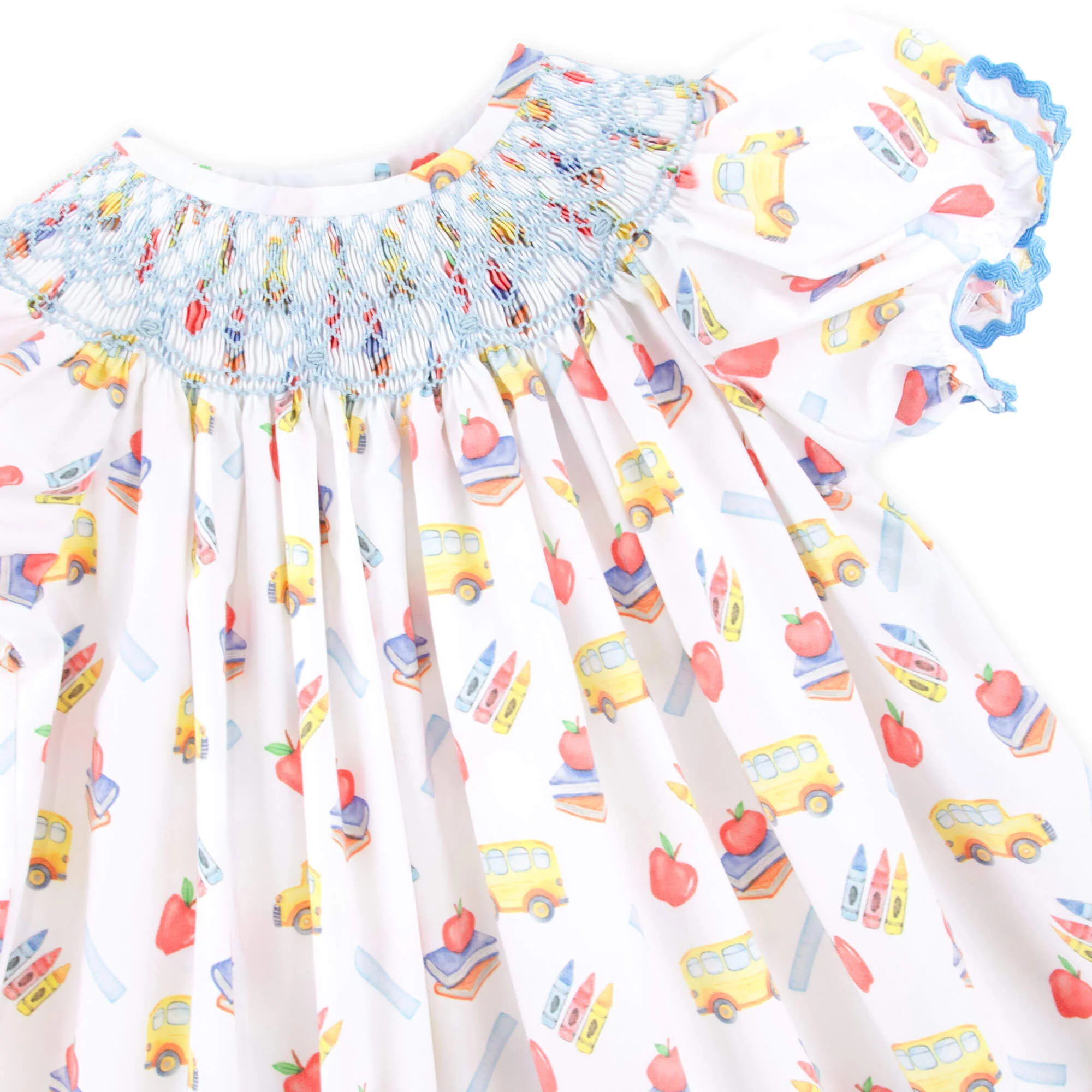 School Bus Print Smocked White Bishop Dress - Image 4