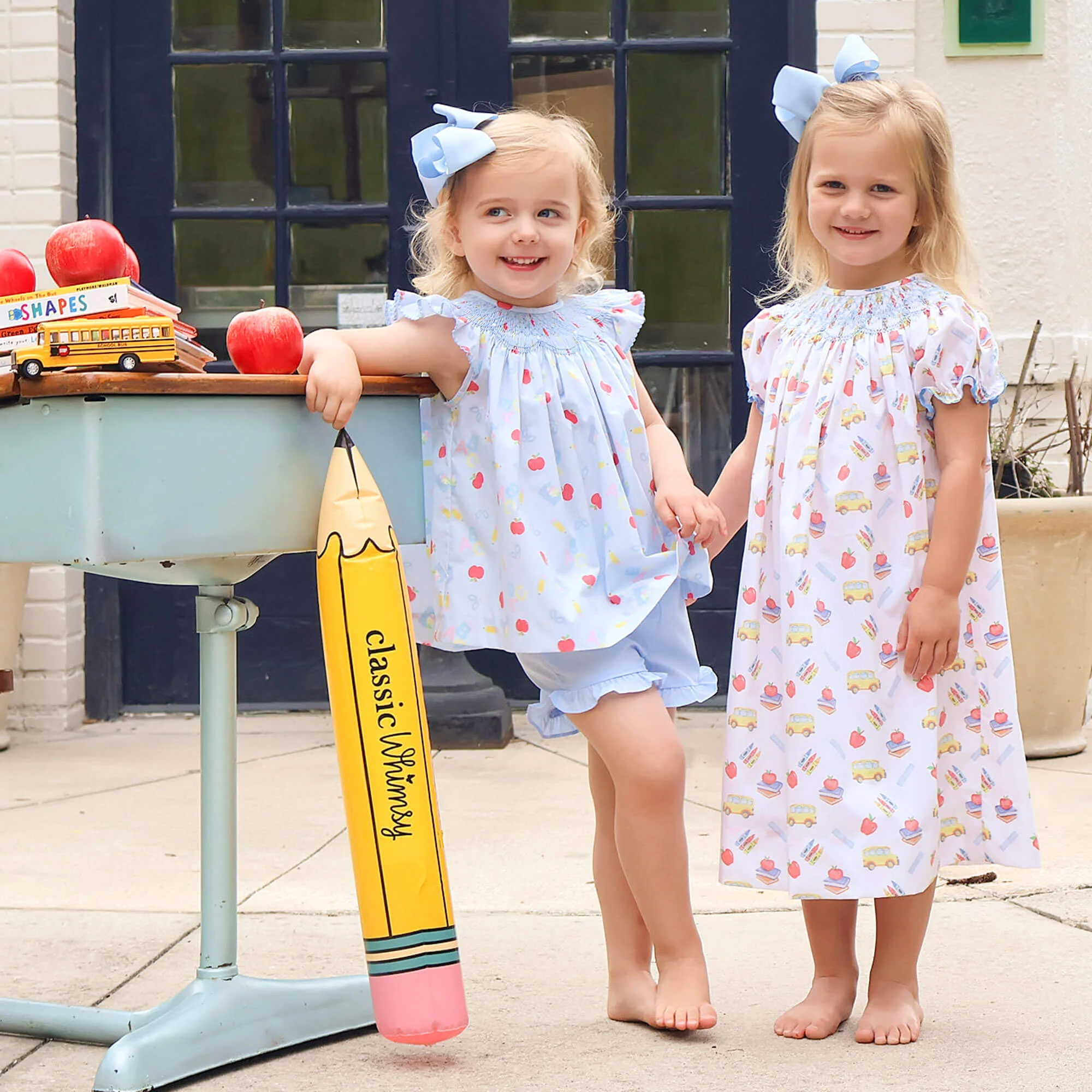 School Bus Print Smocked White Bishop Dress - Image 6