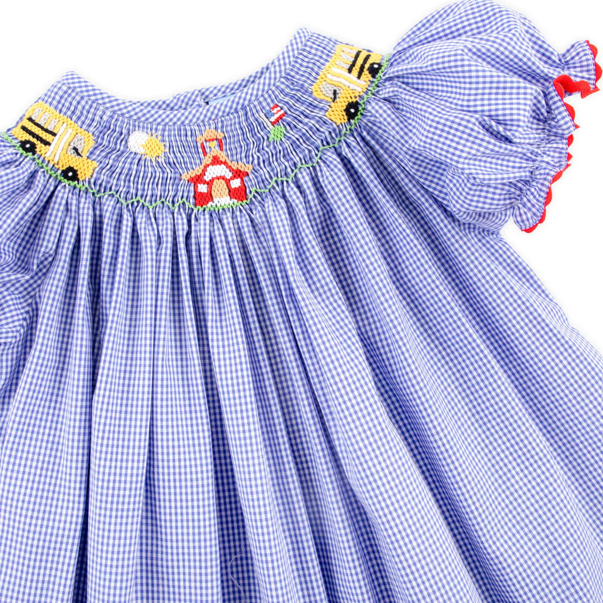 School Bus Smocked Royal Gingham Bishop Bubble - Image 2