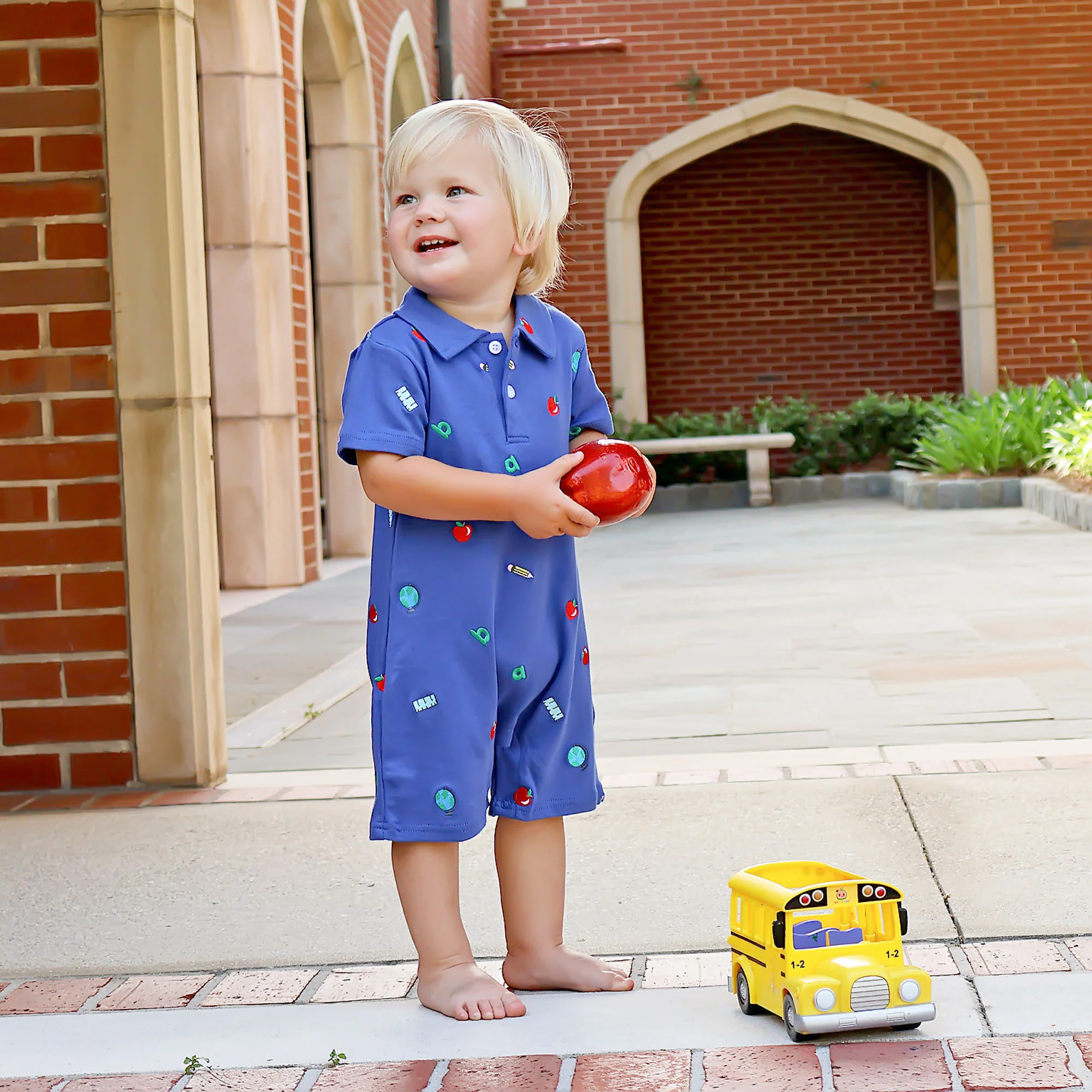 School Rules Embroidered Blue Polo Romper