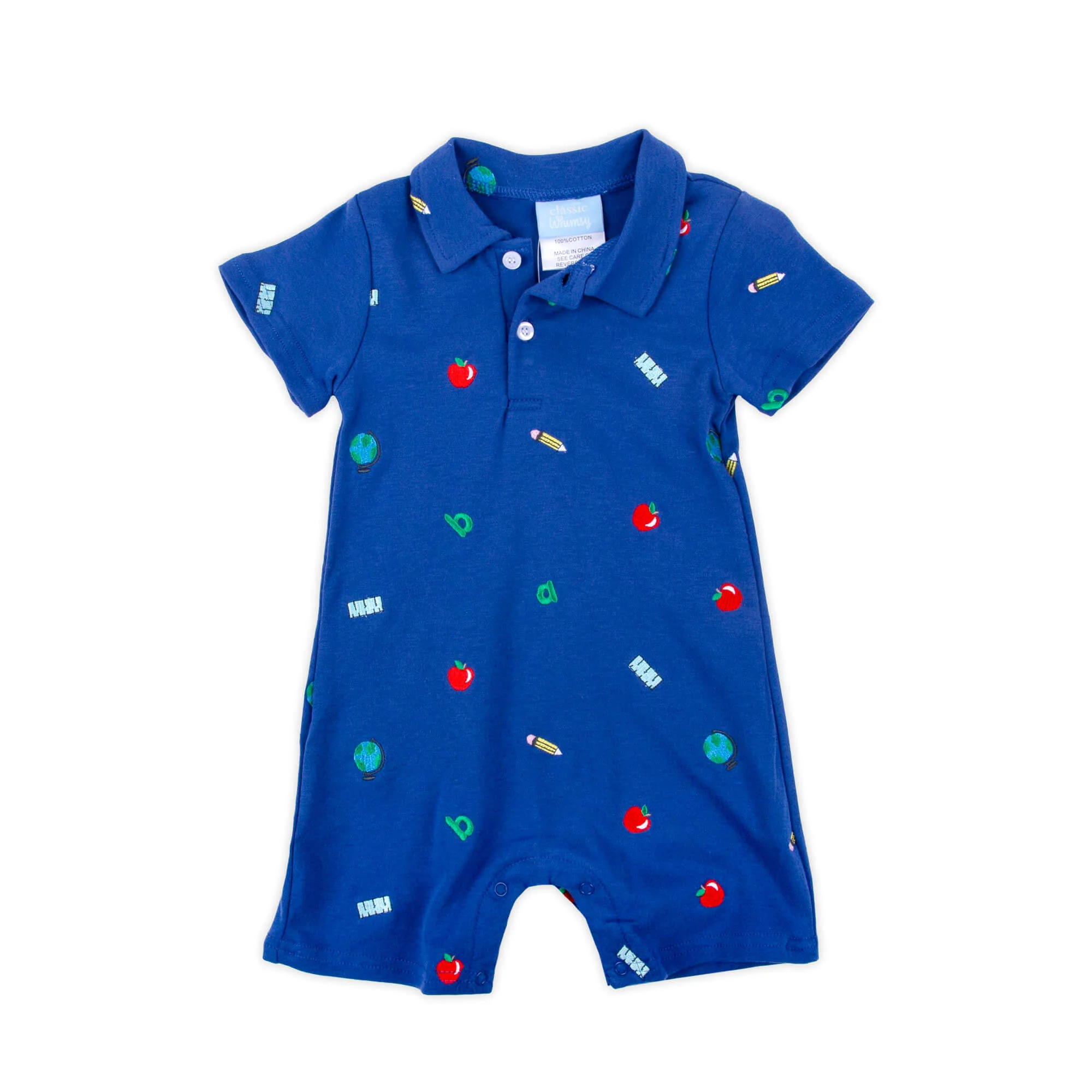 School Rules Embroidered Blue Polo Romper - Image 2