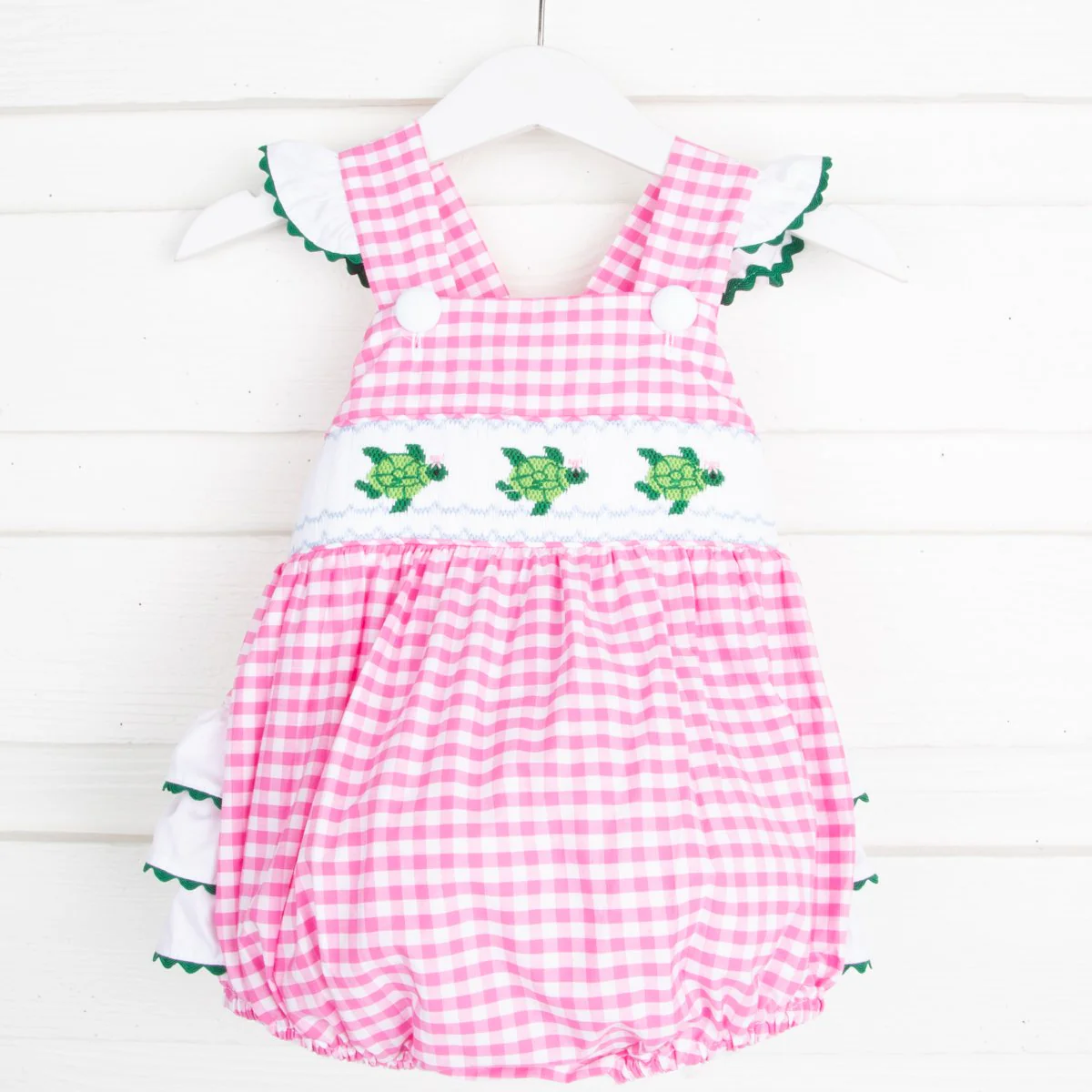 Sea Turtle Smocked Ruffle Bubble Pink Gingham