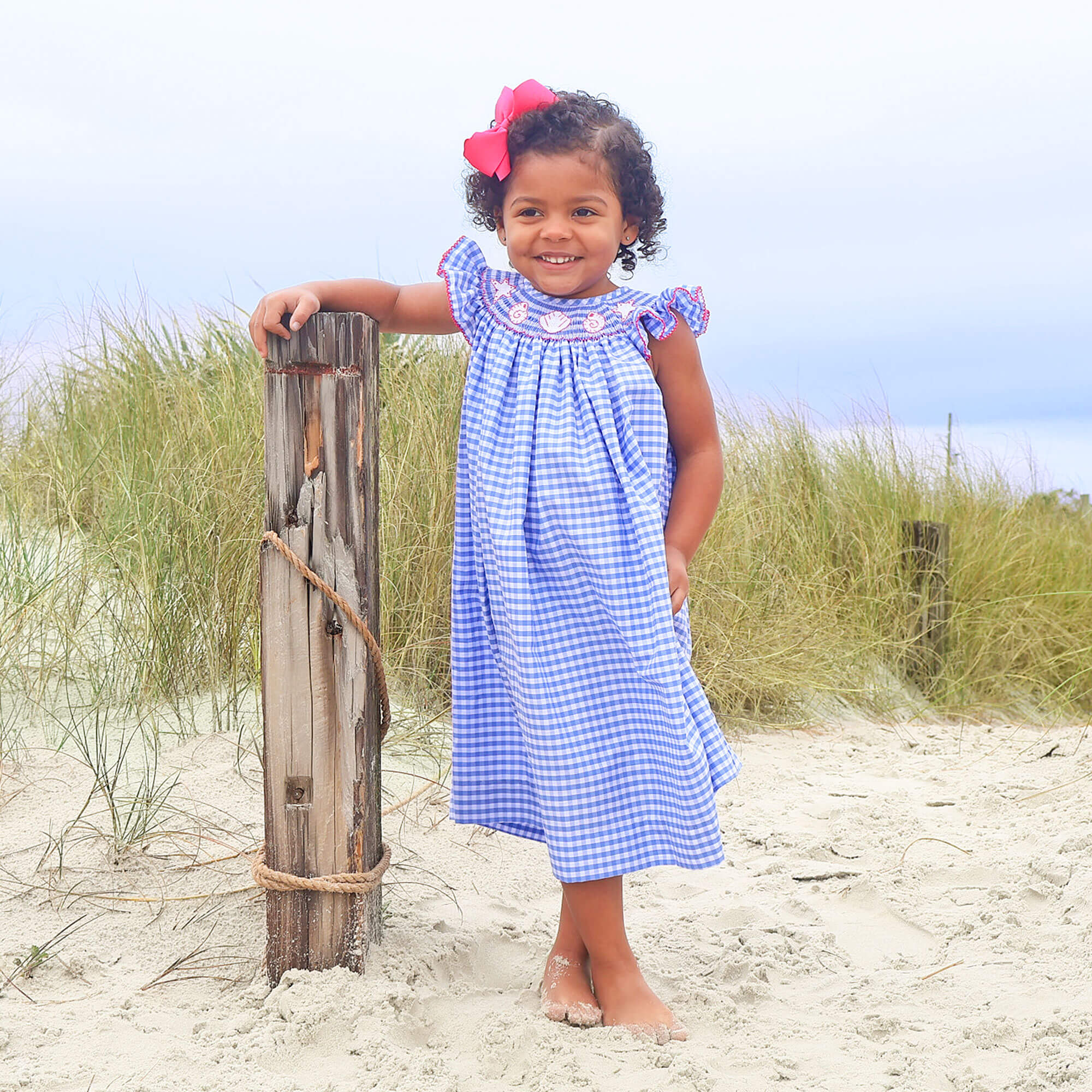 Seashell Smocked Blue Gingham Dress