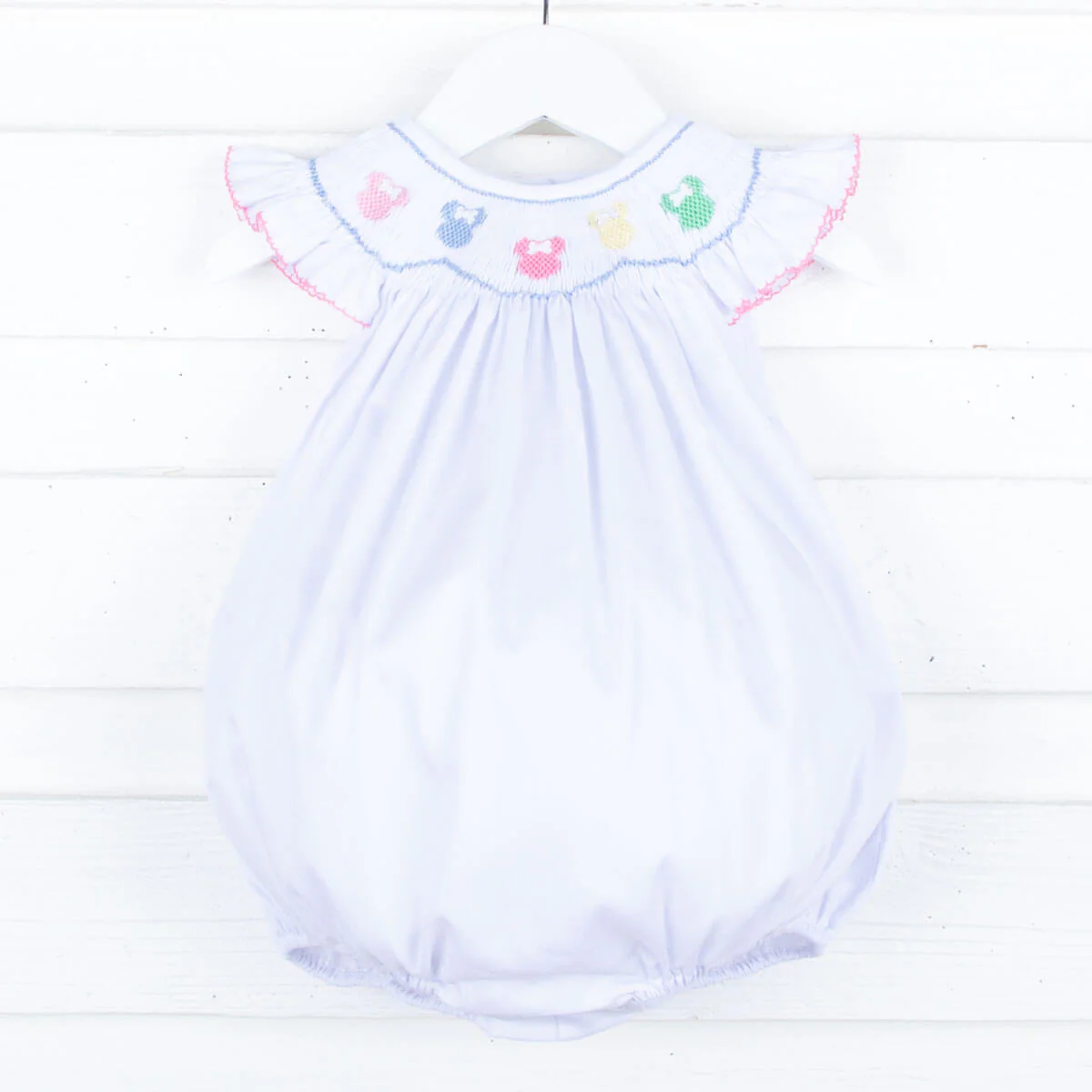 Pastel Mouse Ears Smocked White Pique Bubble
