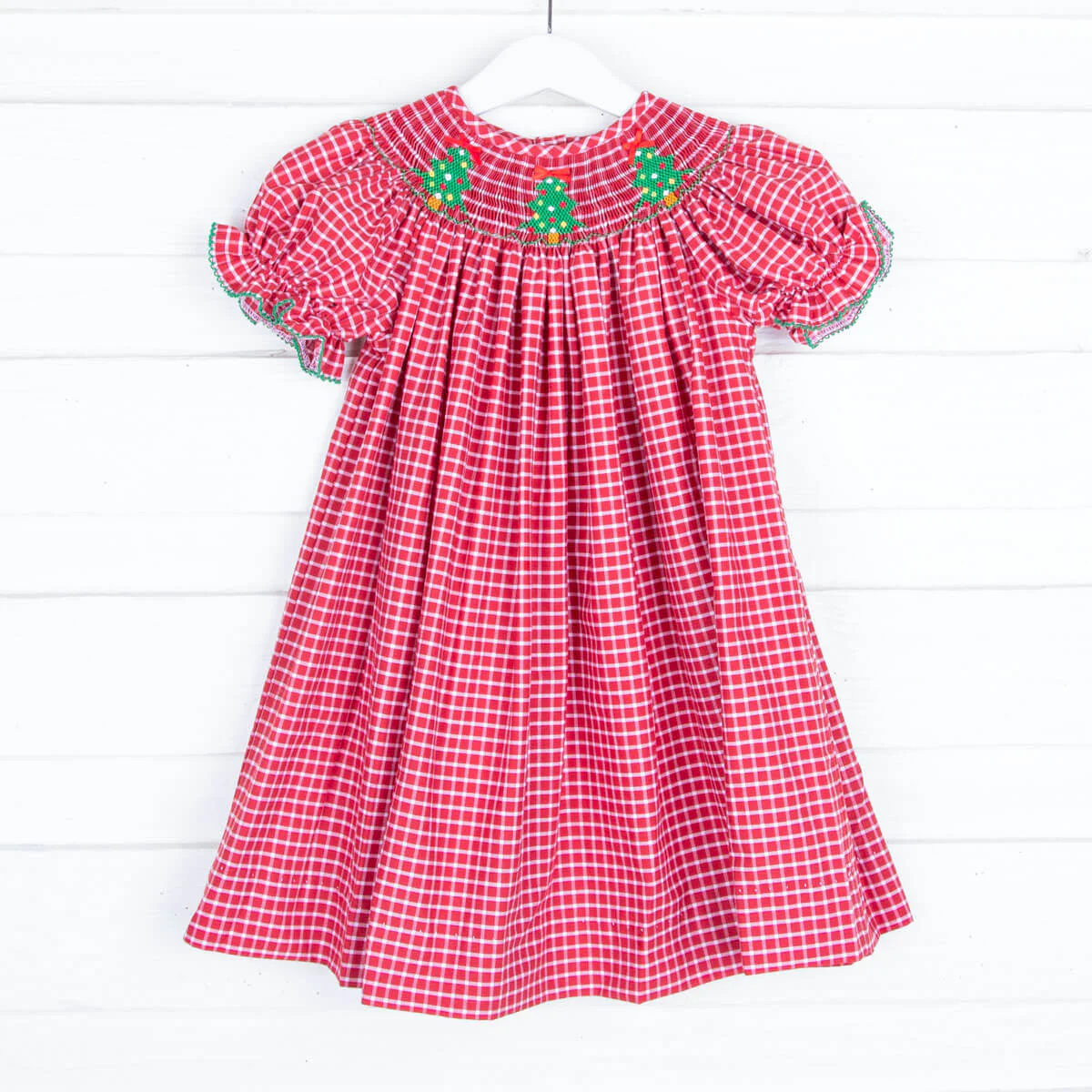 Smocked Christmas Tree Red Windowpane Bishop Dress