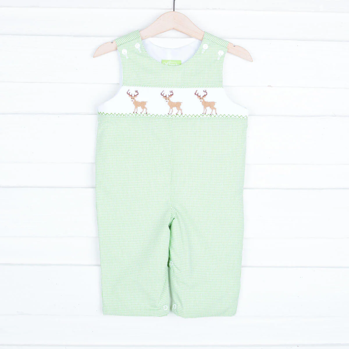 Deer Smocked Longall Green Gingham