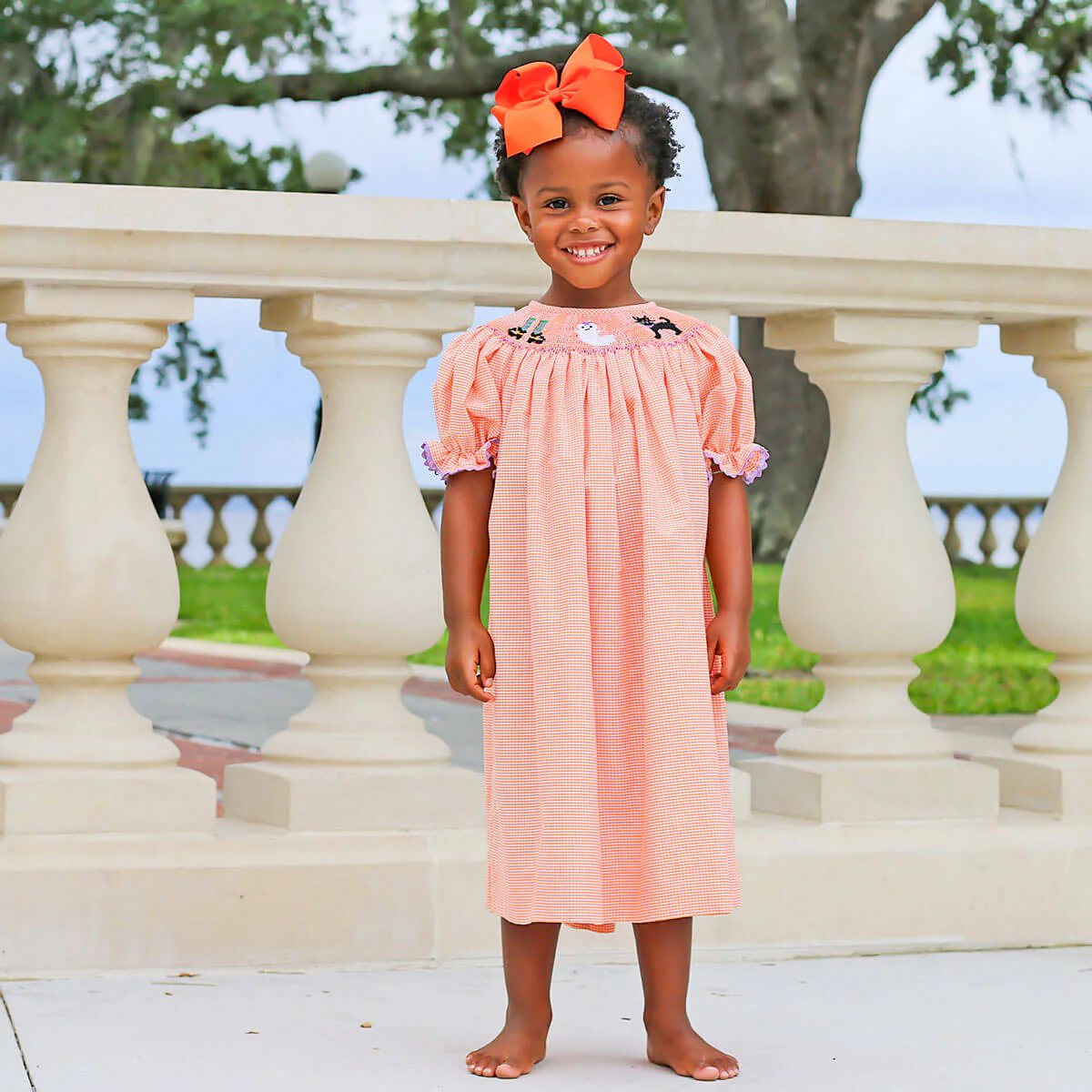 Smocked Halloween Orange Gingham Dress