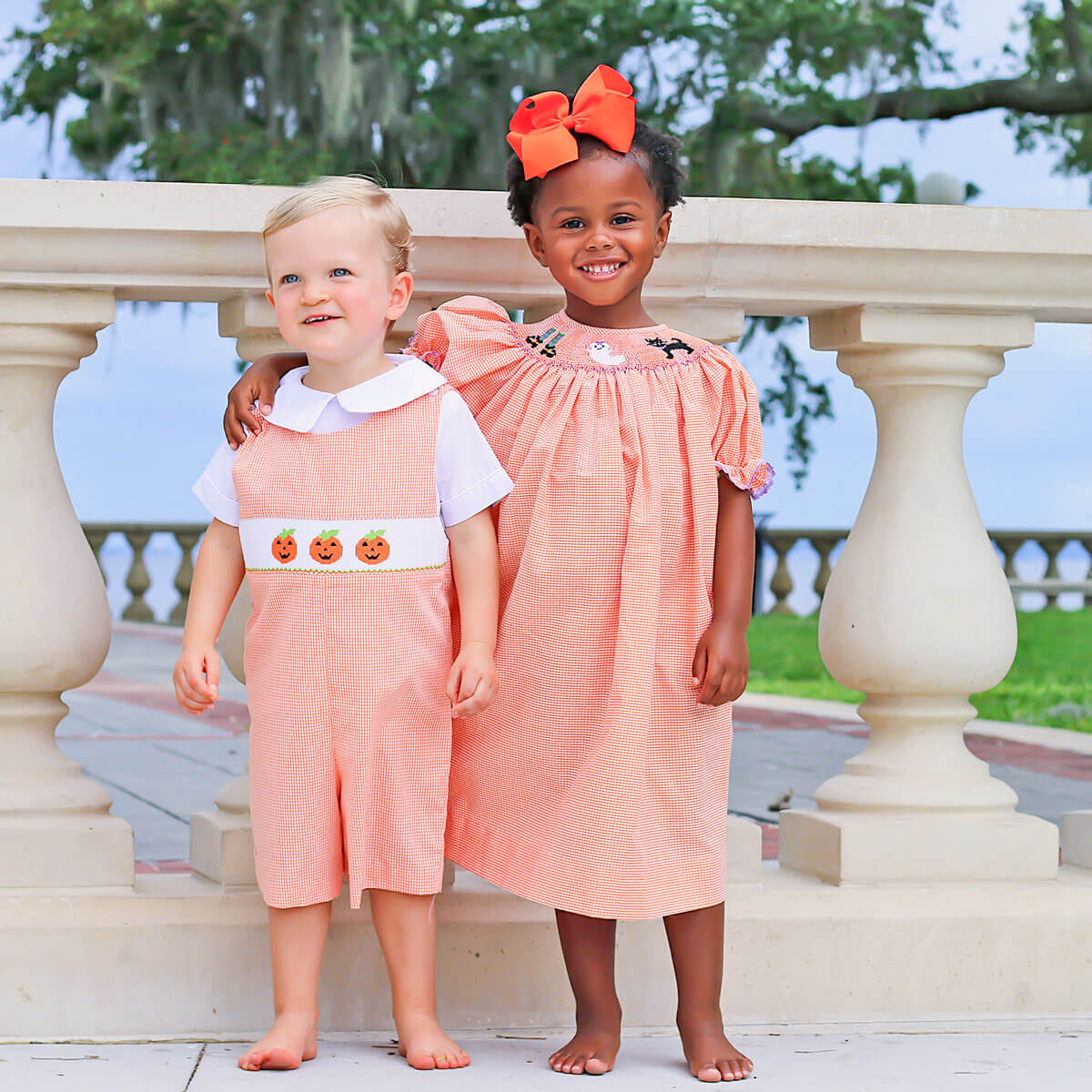 Smocked Halloween Orange Gingham Dress - Image 6