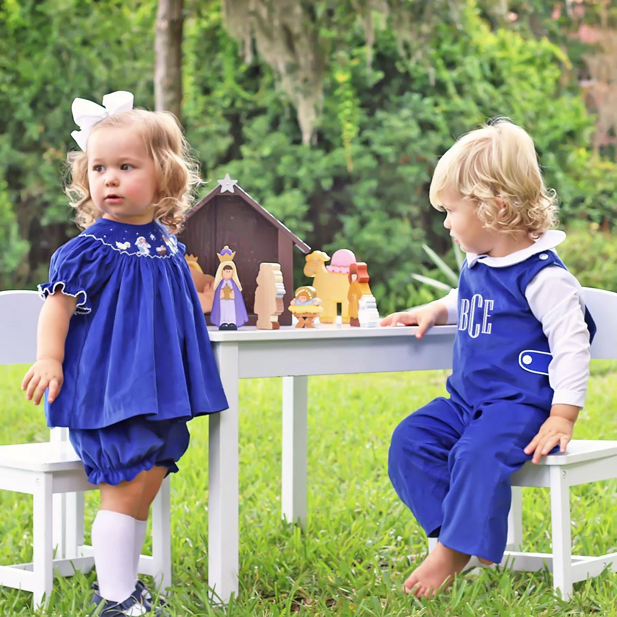 Smocked Nativity Bloomer Set Royal Blue Corduroy - Image 4