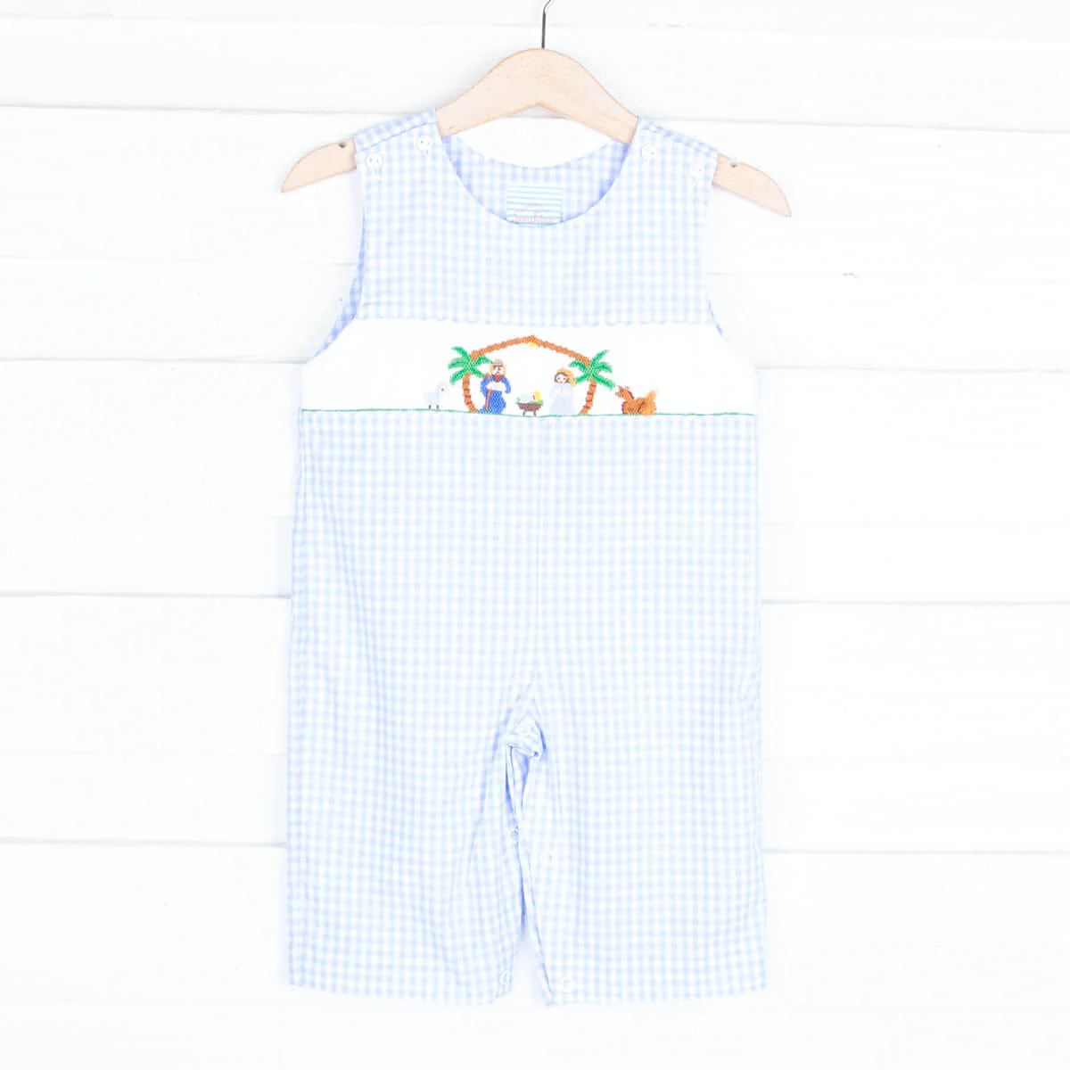 Smocked Nativity Light Blue Gingham Longall
