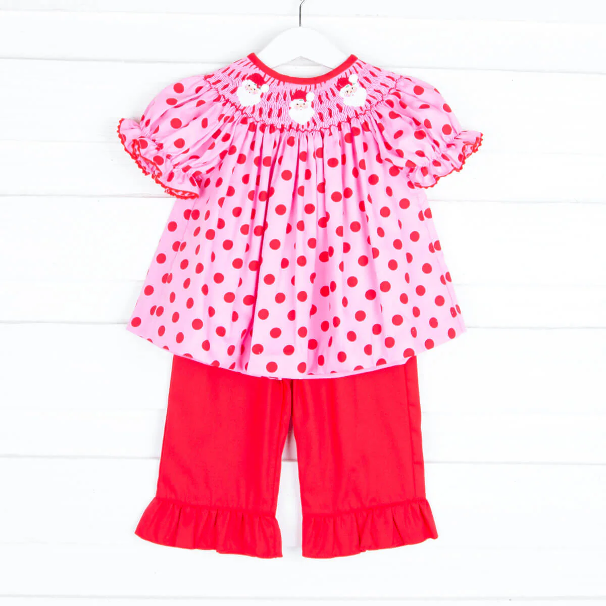 Smocked Santa Pink with Red Polka Dots Pant Set