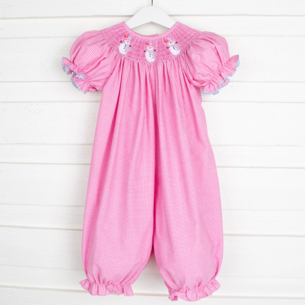 Snowman Smocked Long Bubble Pink Gingham