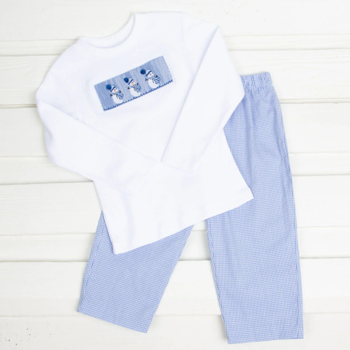 Snowman Smocked Pant Set Blue Gingham