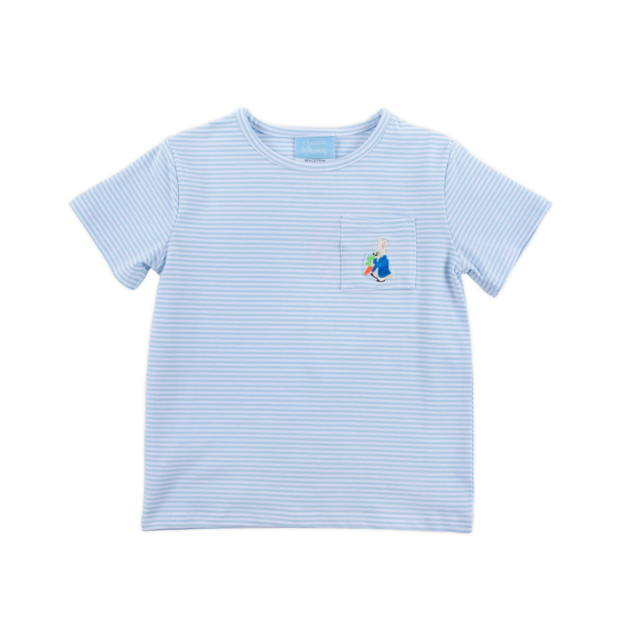 Storybook Rabbit Embroidered Light Blue Short Sleeve Pocket Shirt
