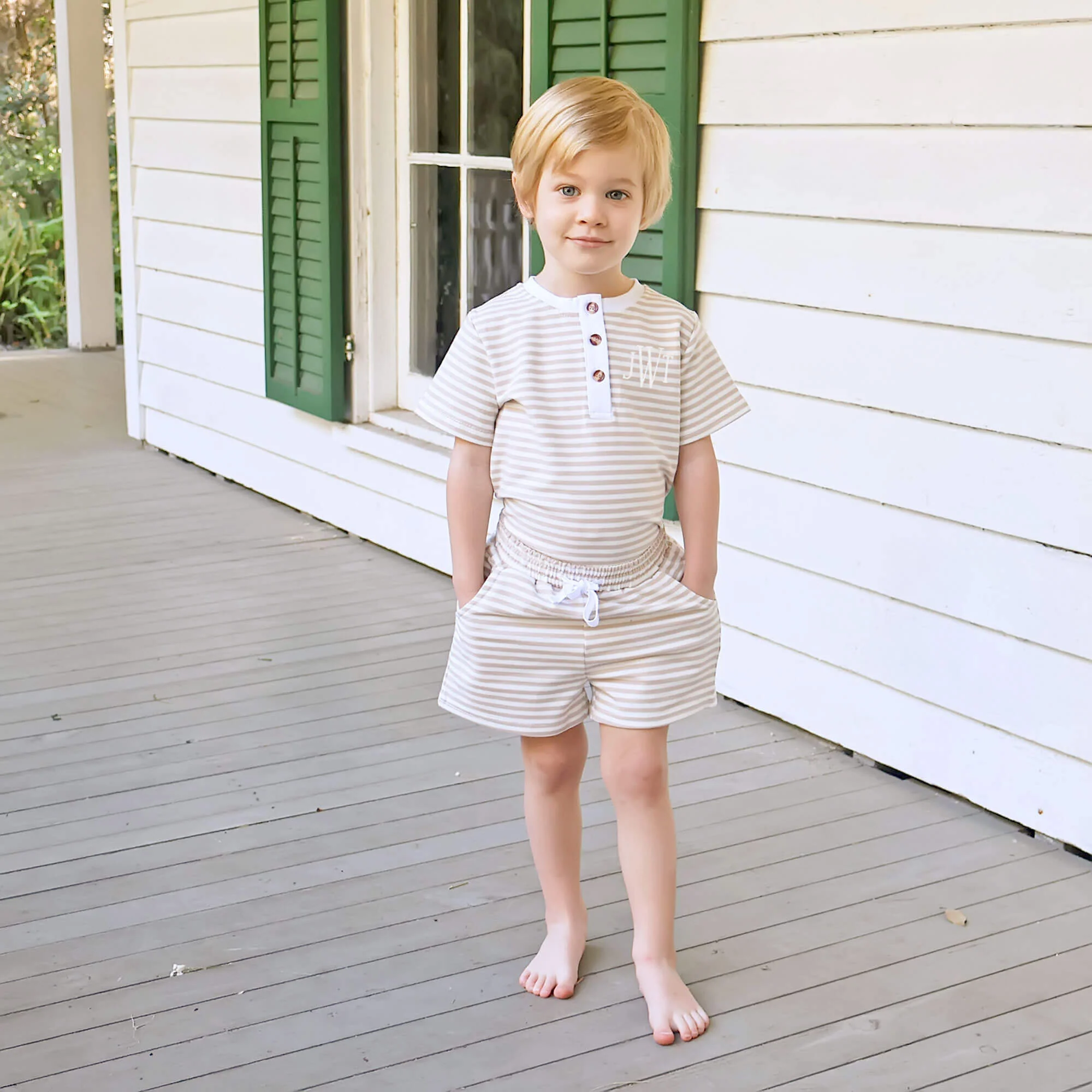 Tan Stripe Terry Henley Short Set