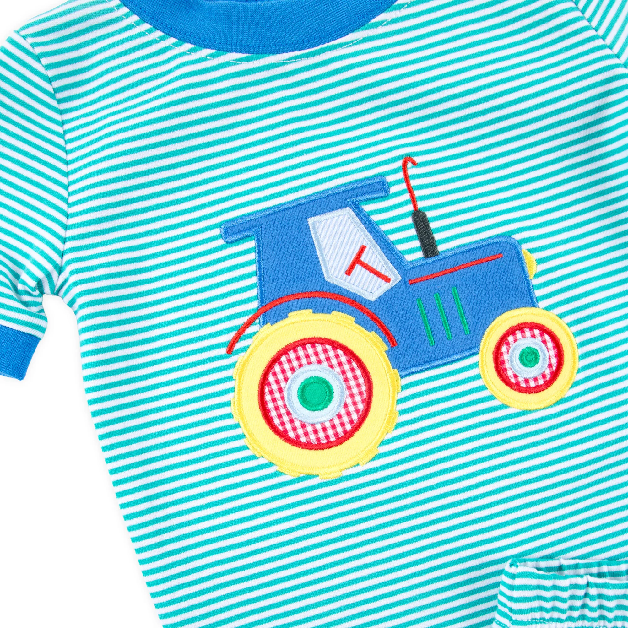 Tractor Applique Green Stripe Short Pajamas - Image 2