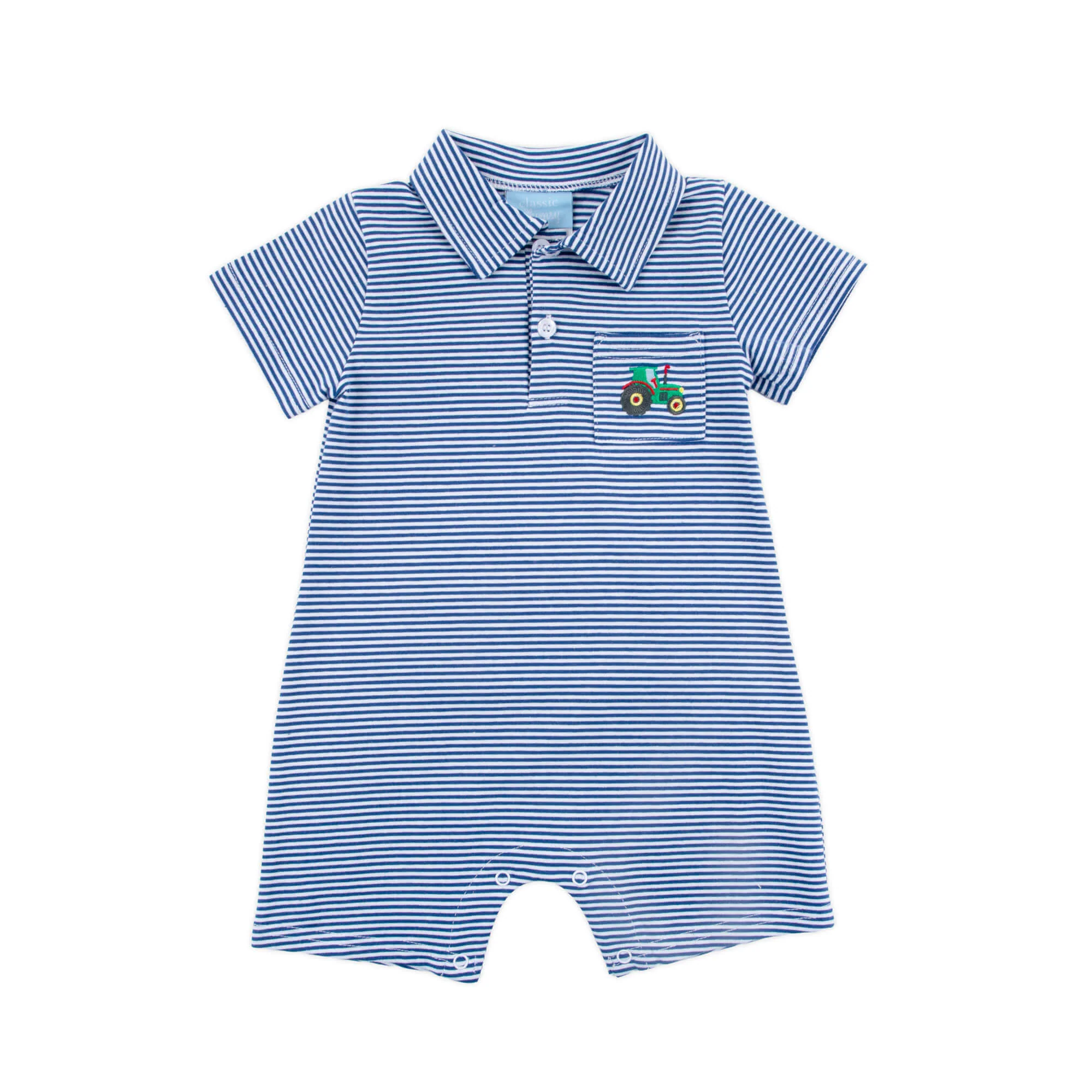 Tractor Navy Stripe Pocket Polo Romper