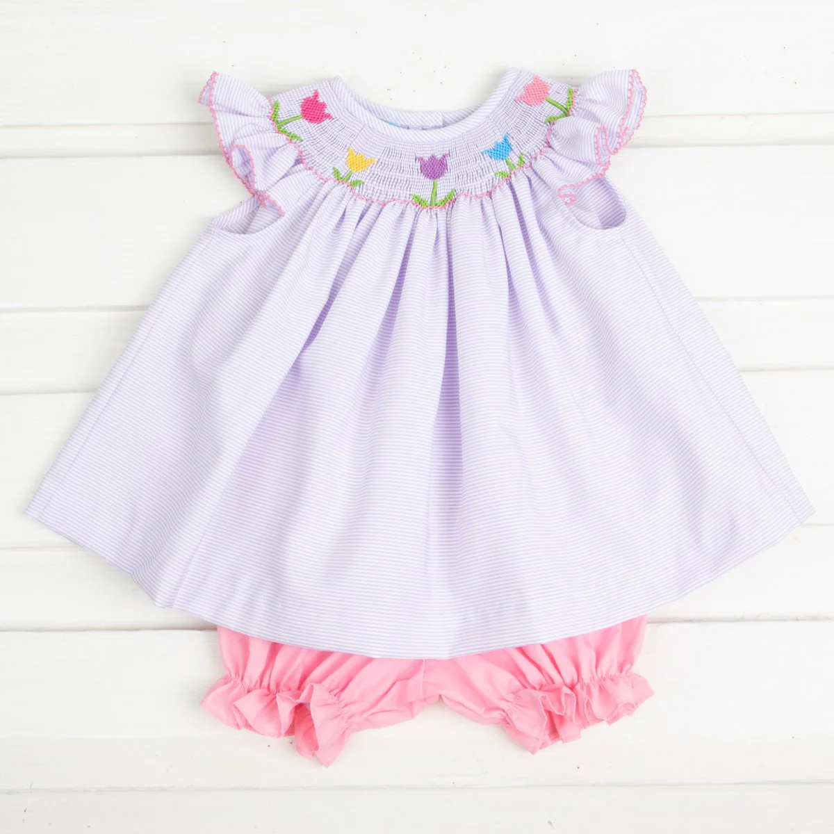 Tulip Smocked Bloomer Set Lavender Stripe