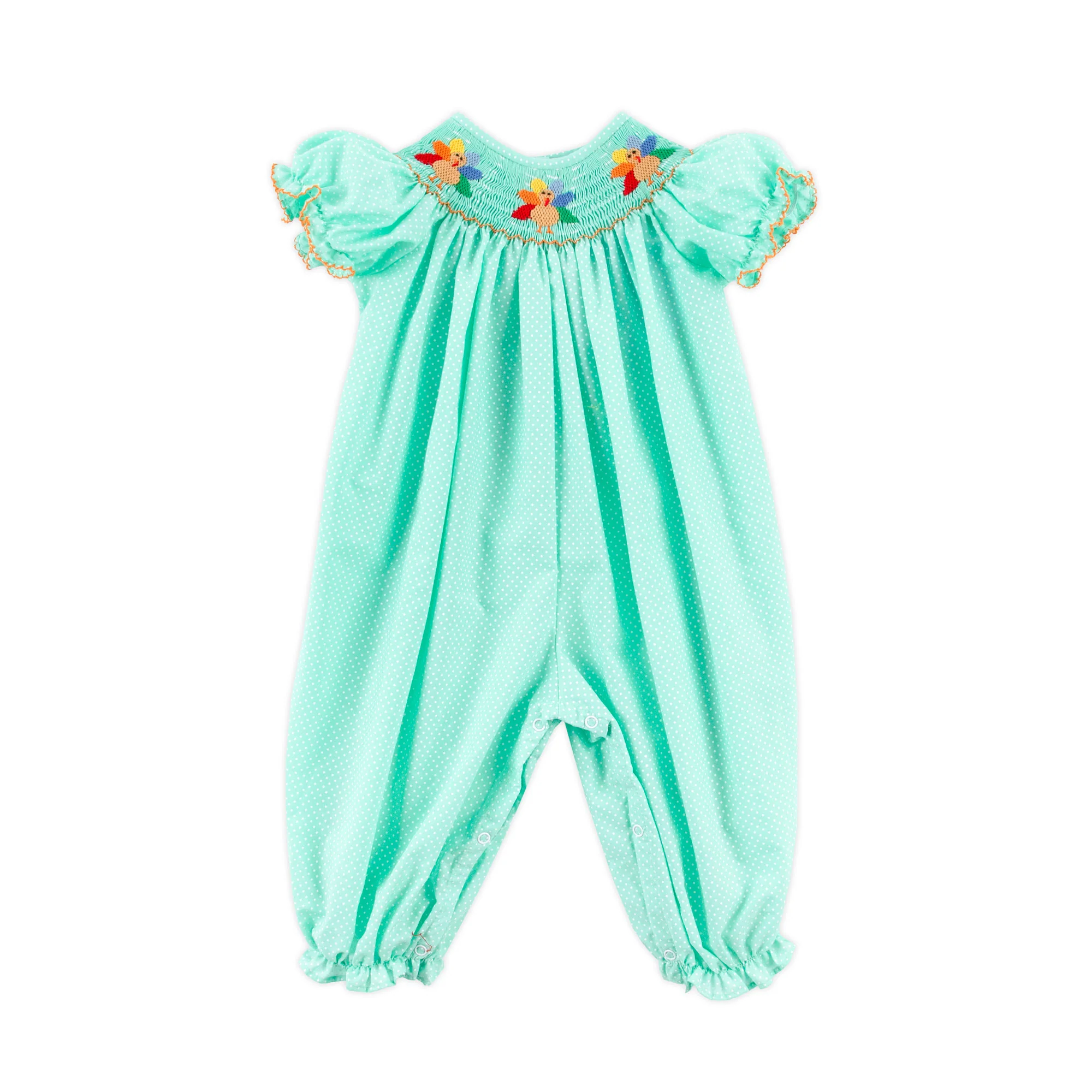 Turkey Smocked Mint Polka Dot Long Bubble