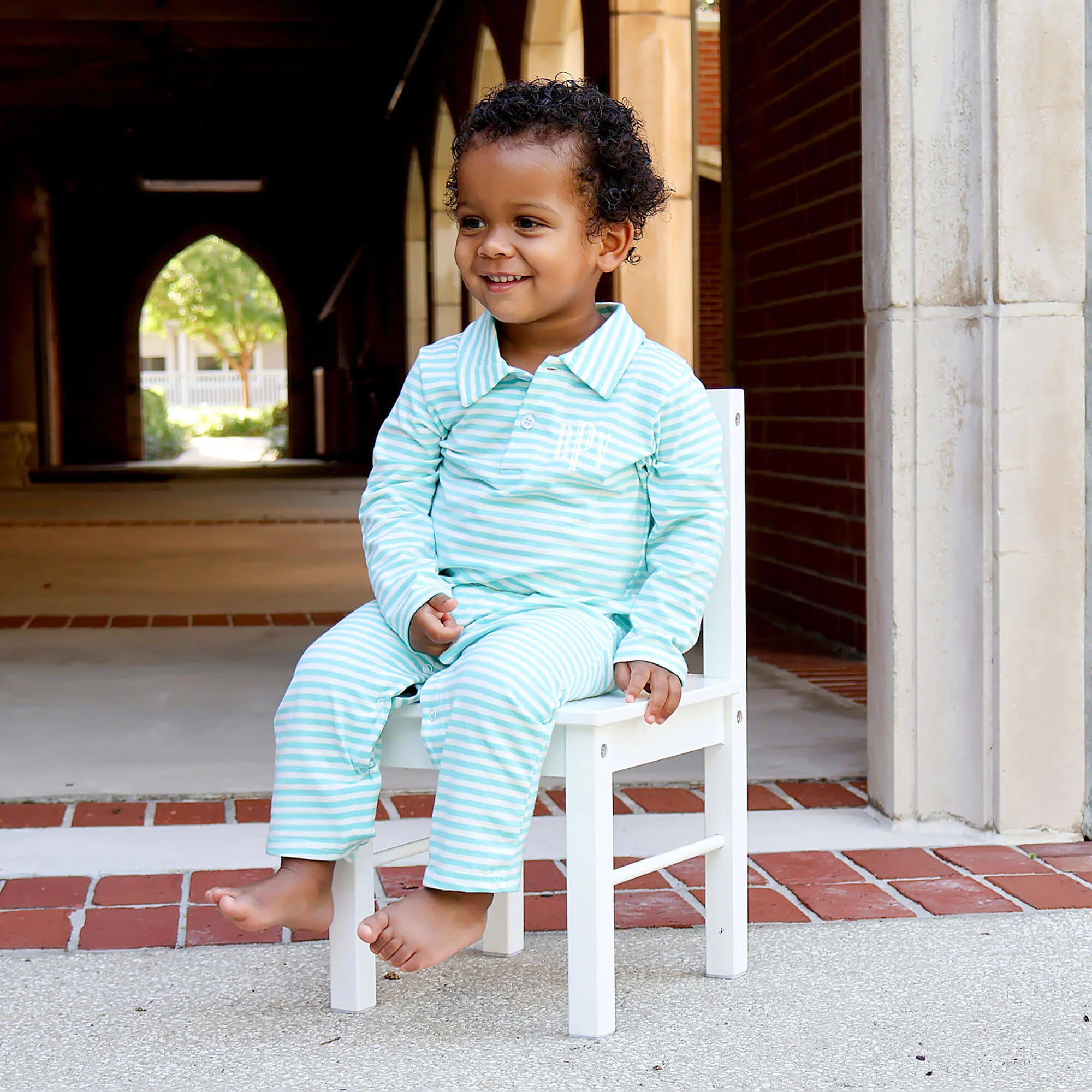 Turquoise Stripe Long Sleeve Polo Romper