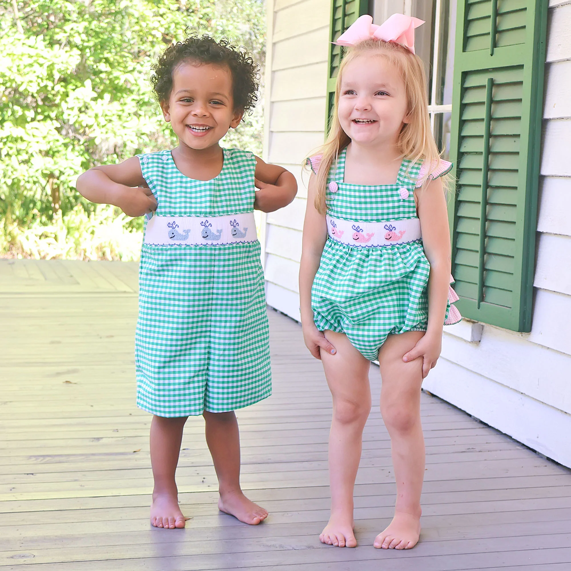 Whale Smocked Green Gingham Leah Bubble - Image 5