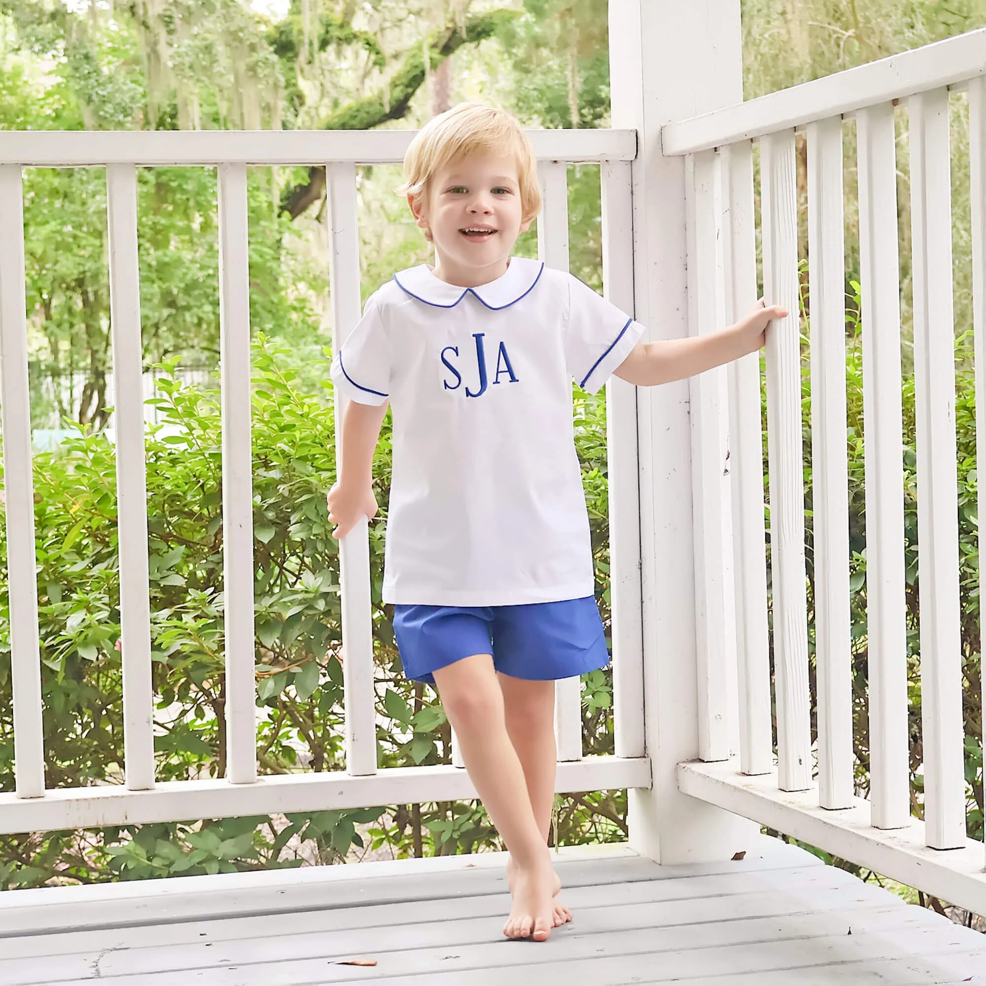 White And Royal Blue Collared Short Set