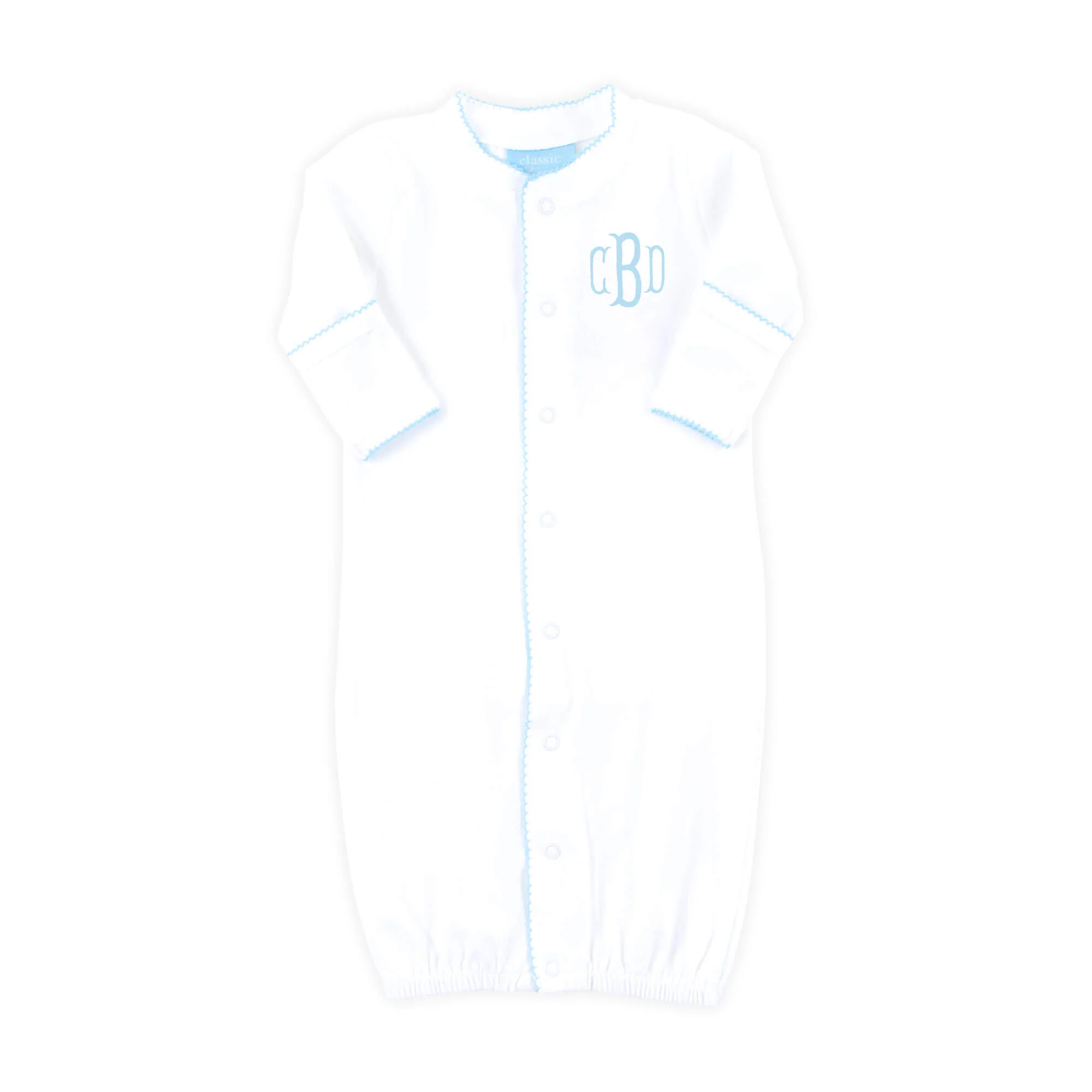White Layette Gown with Blue Trim