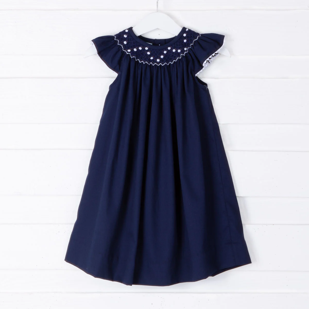 White Geometric Smocked Navy Dress