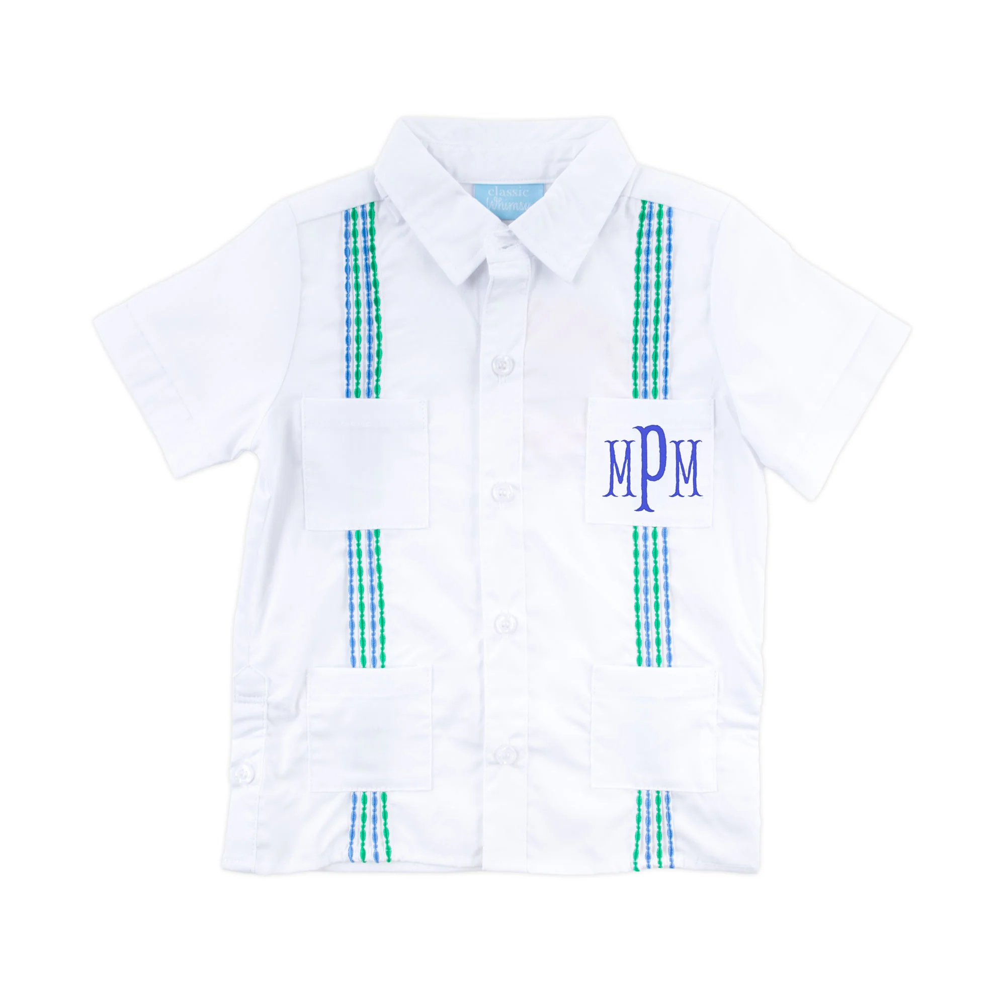 White with Blue & Green Embroidered Guayabera Shirt