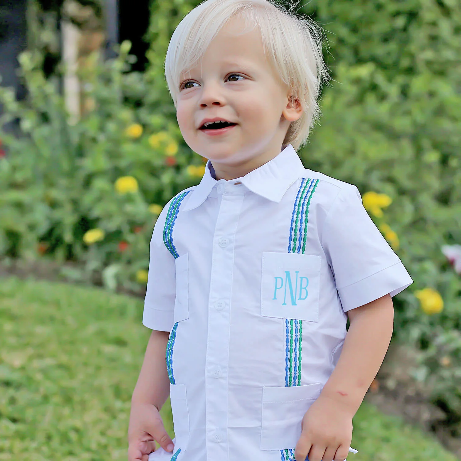 White with Blue & Green Embroidered Guayabera Shirt - Image 2