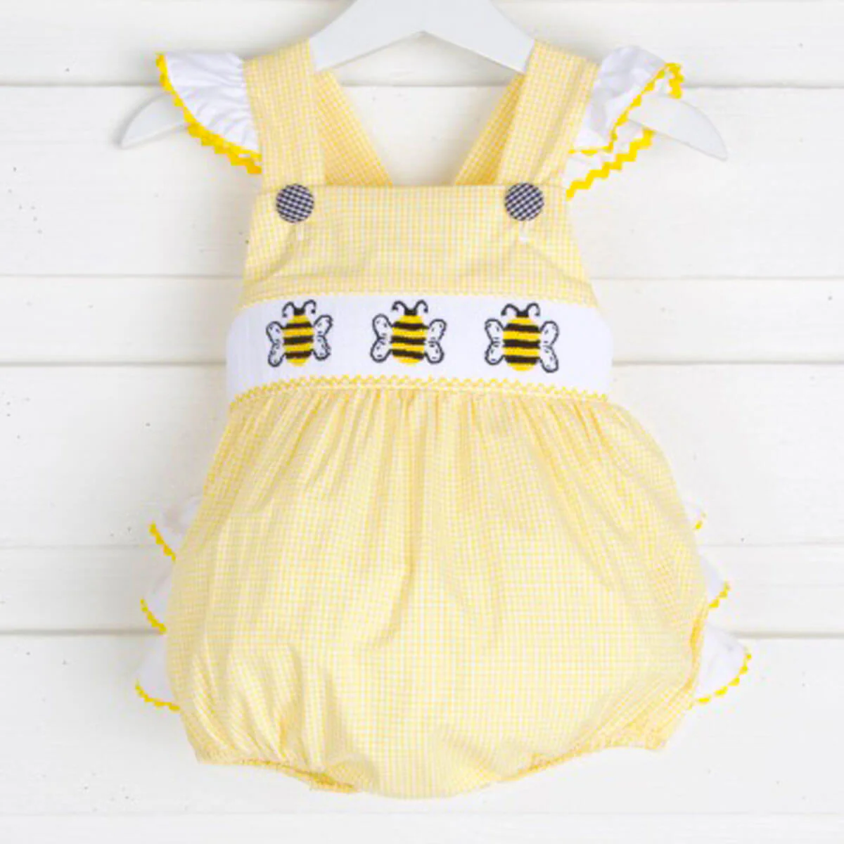Yellow Gingham Bee Smocked Ruffle Bubble